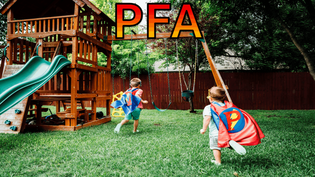 image showing 2 children running around on grass and playing on swings and playing in a tree house